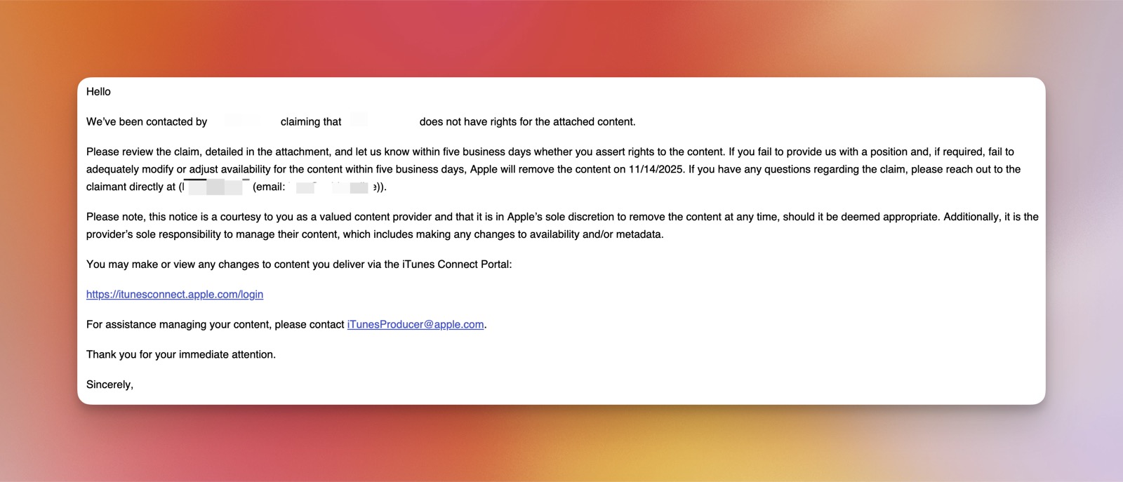 An Apple Music copyright claim showing matching names, label, and track title with no working contact