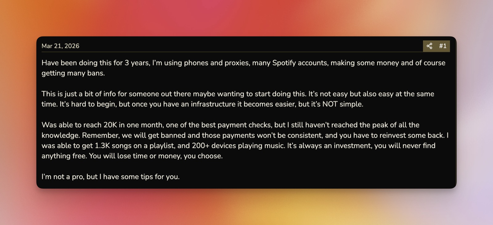 A forum post where a bad actor shares tips on how to build a streaming bot farm